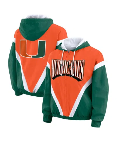 Wear By Erin Andrews Women'sorange/green Miami Hurricanes Color Block Full-zip Hoodie Windbreaker Jacket In Green