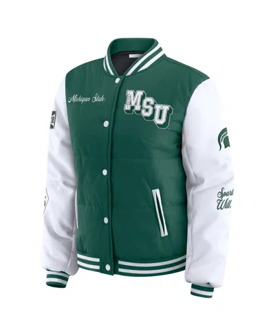 Wear By Erin Andrews Women'sgreen Michigan State Spartans Varsity Full-snap Puffer Jacket In Green