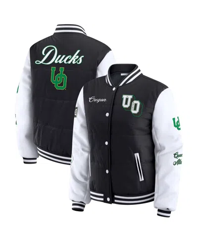 Wear By Erin Andrews Black Oregon Ducks Varsity Puffer Jacket In Black