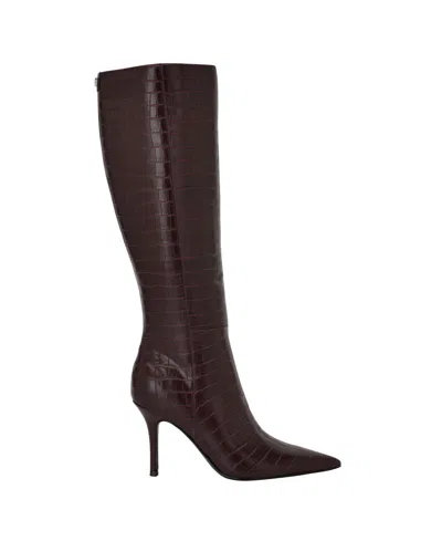 Guess Gressa Croc Embossed Knee High Boot In Brown