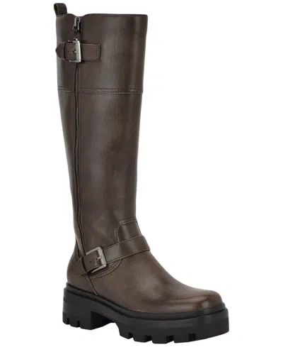 Guess Women's Lynnie Wide Calf Tall Buckle Moto Lug Boots In Brown
