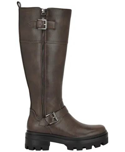 Guess Women's Lynnie Wide Calf Tall Buckle Moto Lug Boots In Brown