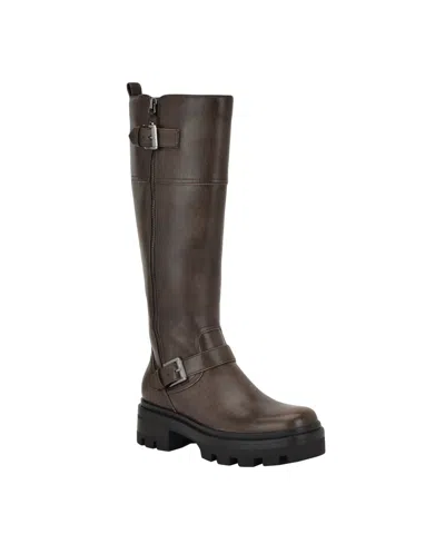 Guess Women's Lynnie Wide Calf Tall Buckle Moto Lug Boots In Brown