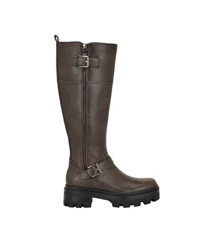 Guess Women's Lynnie Wide Calf Tall Buckle Moto Lug Boots In Brown