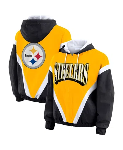 Wear By Erin Andrews Women's Gold/black Pittsburgh Steelers Plus Size Retro Crinkle Full-zip Windbreaker Jacket In Multi