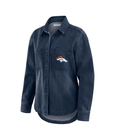 Wear By Erin Andrews Women's Denim Denver Broncos Washed Oversized Denim Full-snap Shacket In Blue