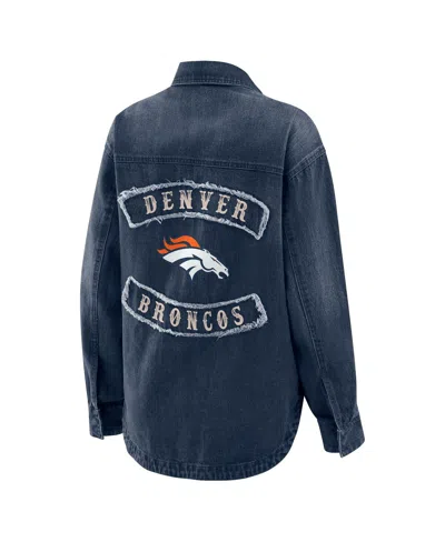 Wear By Erin Andrews Women's Denim Denver Broncos Washed Oversized Denim Full-snap Shacket In Blue