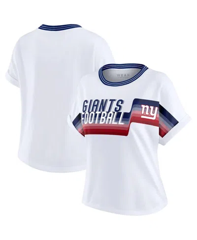 Wear By Erin Andrews Women's White New York Giants Cropped Center Stripe Dolman T-shirt In White