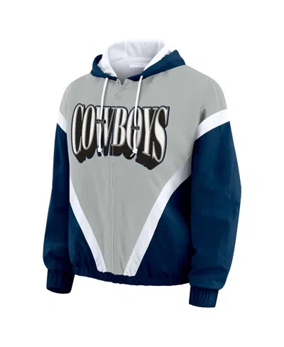 Wear By Erin Andrews Women's Navy/gray Dallas Cowboys Plus Size Retro Crinkle Full-zip Windbreaker Jacket In White
