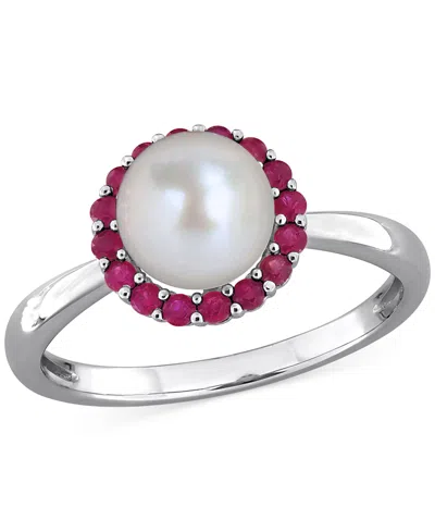 Macy's Cultured Freshwater Pearl (7-7.5mm) & Ruby (1/3 Ct. T.w.) Ring In Sterling Silver In Pink