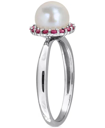 Macy's Cultured Freshwater Pearl (7-7.5mm) & Ruby (1/3 Ct. T.w.) Ring In Sterling Silver In Pink