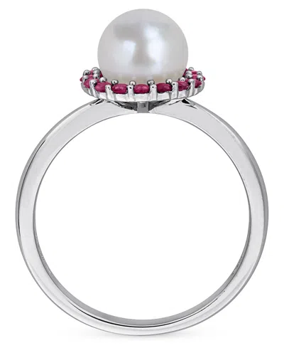 Macy's Cultured Freshwater Pearl (7-7.5mm) & Ruby (1/3 Ct. T.w.) Ring In Sterling Silver In Pink
