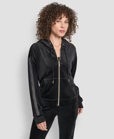 Dkny Women's Velour Full Zip Hoodie With Metallic Logo In Black
