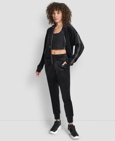 Dkny Women's Velour Full Zip Hoodie With Metallic Logo In Black
