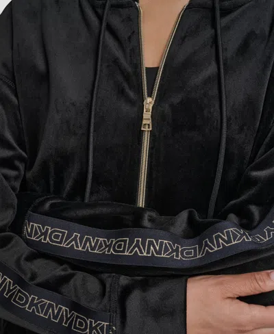 Dkny Women's Velour Full Zip Hoodie With Metallic Logo In Black