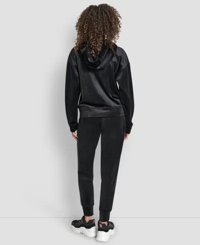 Dkny Women's Velour Full Zip Hoodie With Metallic Logo In Black