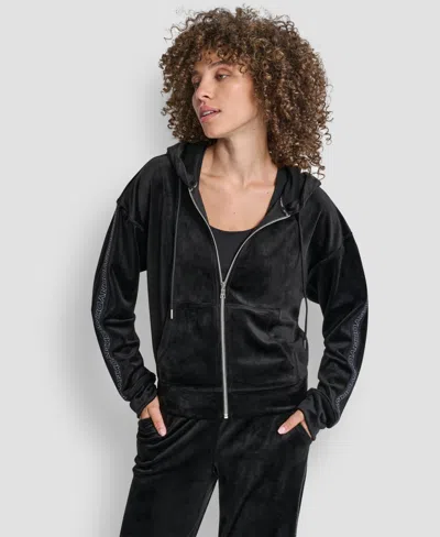 Dkny Women's Velour Full Zip Hoodie With Metallic Logo In Black