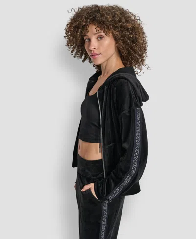 Dkny Women's Velour Full Zip Hoodie With Metallic Logo In Black