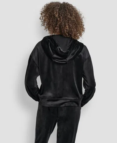 Dkny Women's Velour Full Zip Hoodie With Metallic Logo In Black