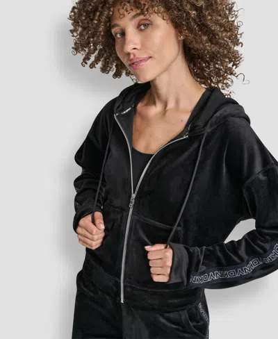 Dkny Women's Velour Full Zip Hoodie With Metallic Logo In Black