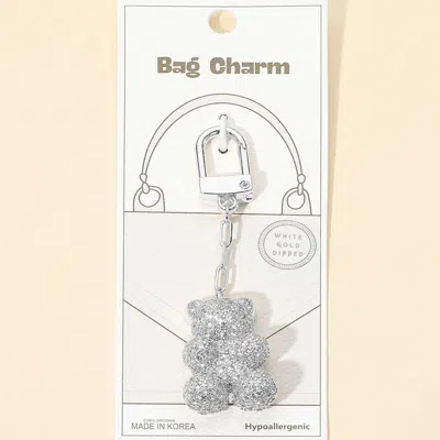 Fashnzfab White Gold Dipped Cz Stone Paved Teddy Bear Drop Keychain / Bag Charm In Multi