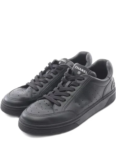 Pre-owned Chanel 1986-1988 Logo Leather Low-cut Sneakers In Black