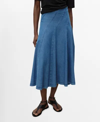 Mango Denim Midi-skirt With Stitching Medium Blue In Blue