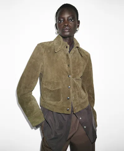 Mango Suede Leather Jacket With Buttons Khaki In Brown