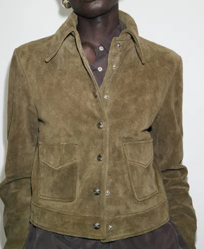 Mango Suede Leather Jacket With Buttons Khaki In Brown