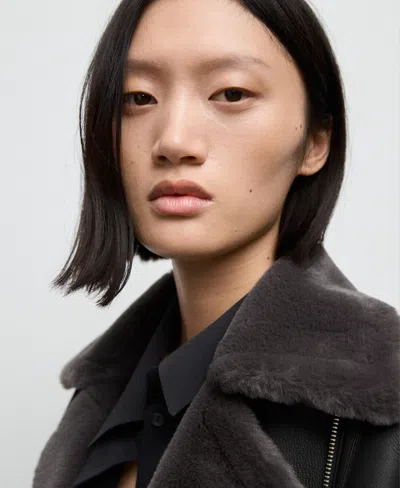 Mango Faux-fur-effect Biker Jacket Black In Multi