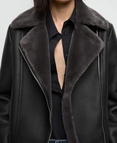 Mango Faux-fur-effect Biker Jacket Black In Multi