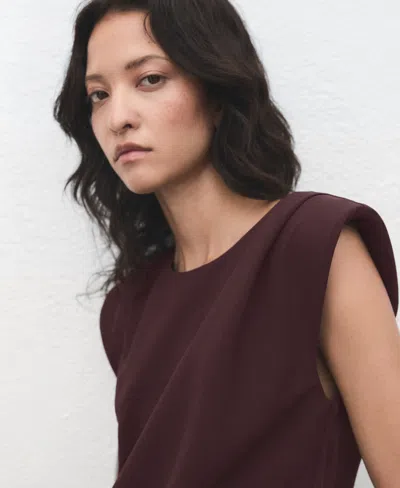 Mango Ruched Blouse With Shoulder Pads Chocolate In Burgundy