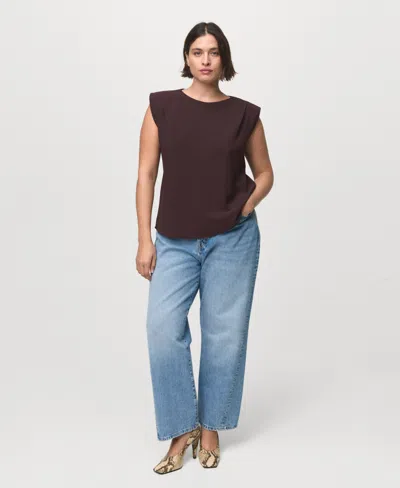 Mango Ruched Blouse With Shoulder Pads Chocolate In Burgundy