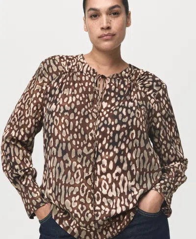 Mango Satin Leopard-print Blouse With Bow Brown In Brown