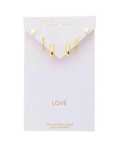 Unwritten Cubic Zirconia Heart Stud And Hoops Earring Set In Gold