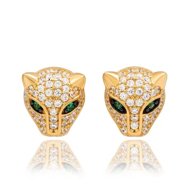 Suzy Levian White Sterling Silver Cubic Zirconia Panther Stud Earrings In Gold