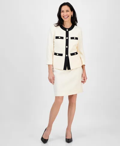 Le Suit Women's Tipped 3/4-sleeve Jacket And Skirt Suit Set, Regular & Petite In White