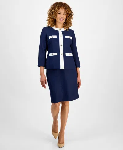 Le Suit Women's Tipped 3/4-sleeve Jacket And Skirt Suit Set, Regular & Petite In Blue