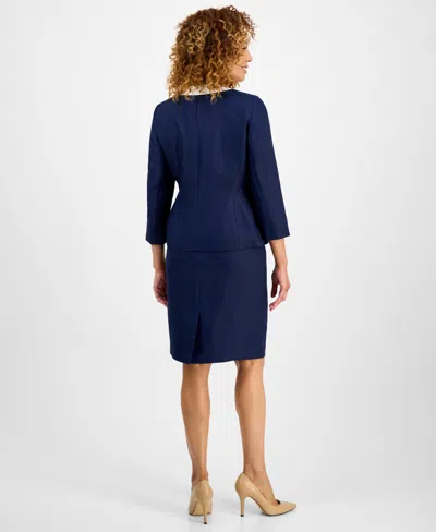 Le Suit Women's Tipped 3/4-sleeve Jacket And Skirt Suit Set, Regular & Petite In Blue
