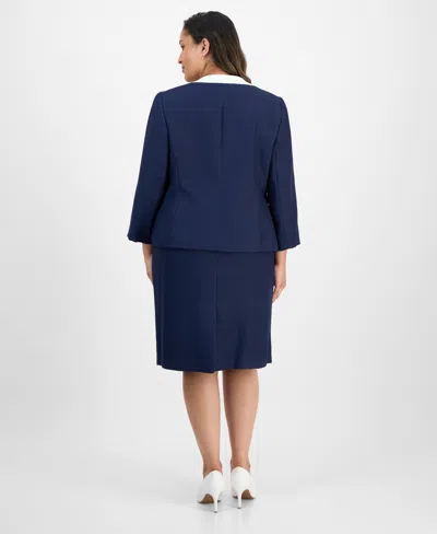 Le Suit Plus Size Tipped 3/4-sleeve Jacket And Skirt Suit Set In Blue