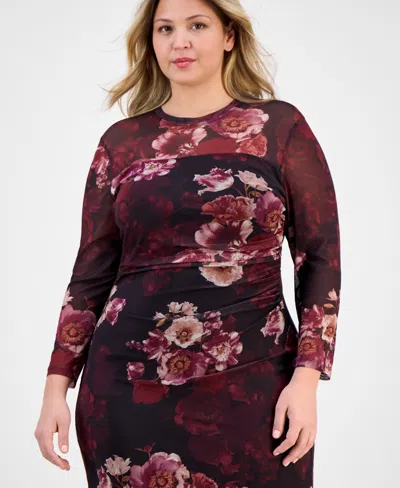 Anne Klein Plus Size Floral Mesh Side-ruched Midi Dress In Brown