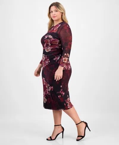 Anne Klein Plus Size Floral Mesh Side-ruched Midi Dress In Brown