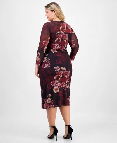 Anne Klein Plus Size Floral Mesh Side-ruched Midi Dress In Brown