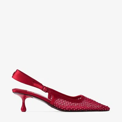 Jimmy Choo Amel 50 Crystal-embellished Mesh And Satin Slingback Pumps In Red