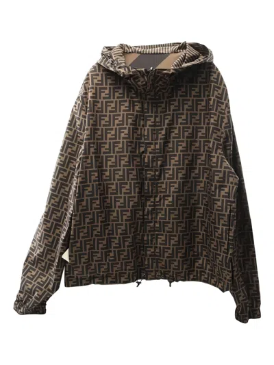 Pre-owned Fendi 2020s Zucca-pattern Hooded Jacket In Brown