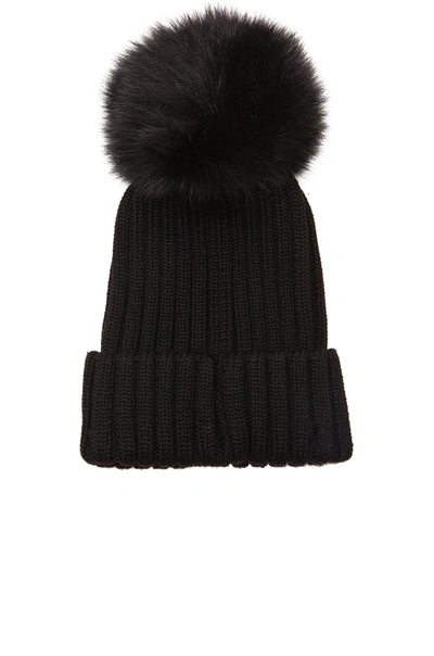 Shop Moncler Fur Pom Ribbed Beanie In Black