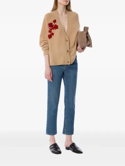 Alberta Ferretti V-neck Long Sleeve Knitwear Embroidered Detail In Neutral