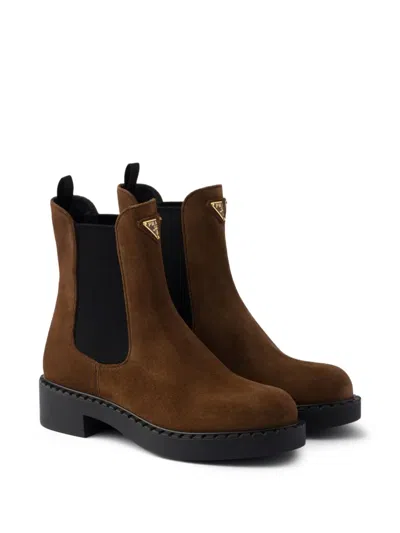 Prada Chocolate Suede Ankle Boots In Brown