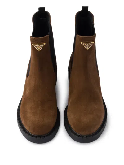Prada Chocolate Suede Ankle Boots In Brown