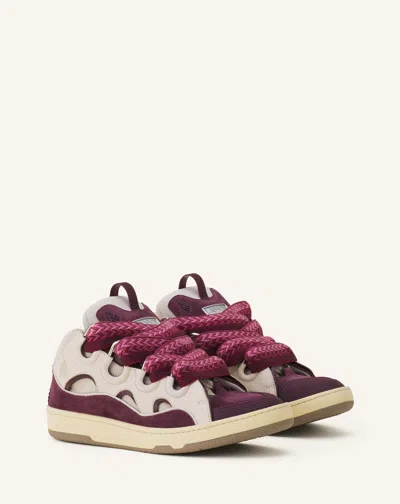 Lanvin Curb Leather And Fabric Sneakers In Beige And Burgundy In Animal Print